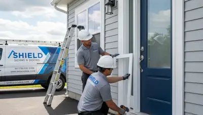 Technician repairing exterior door with vinyl siding in Nashville, TN home exterior repair service