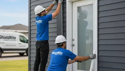 Technician repairing warped vinyl door frame at Nashville TN home exterior