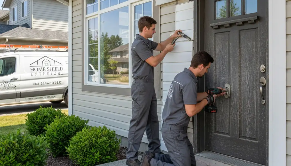 Technician repairing vinyl door frame on Nashville TN home exterior by Next Level Exteriors