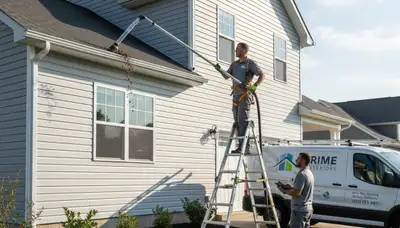 Technician cleaning residential gutters in Nashville TN to protect vinyl siding from water damage