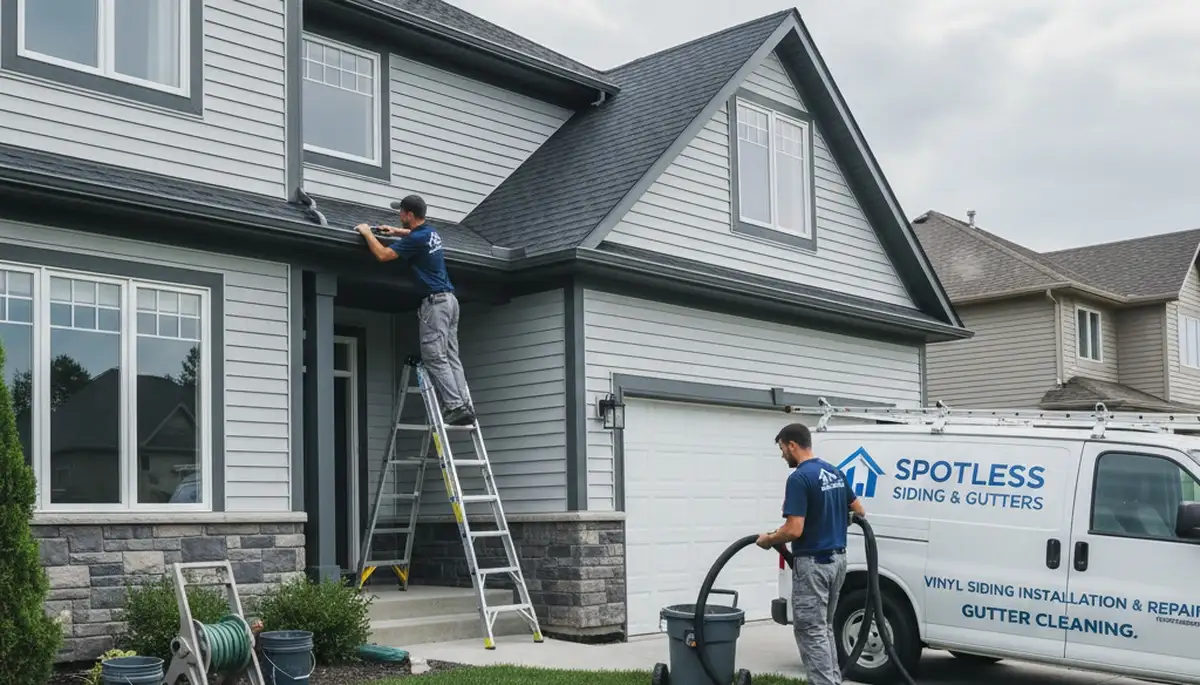 Technician cleaning residential gutters on vinyl siding home in Nashville, TN