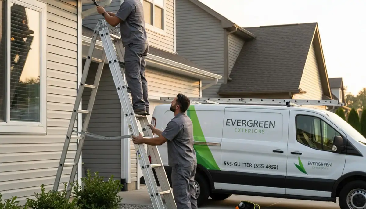 Technician performing gutter inspection on vinyl siding home in Nashville, TN
