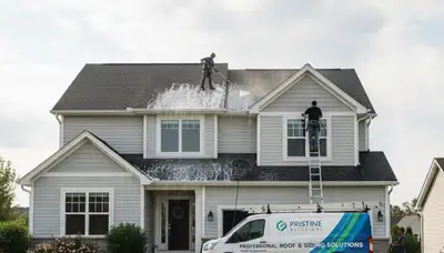 Professional roof cleaning service removing moss and debris in Nashville, TN