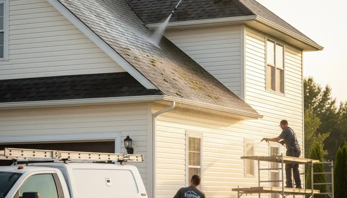 Technicians cleaning roof with soft wash solution at Nashville TN home by Next Level Exteriors