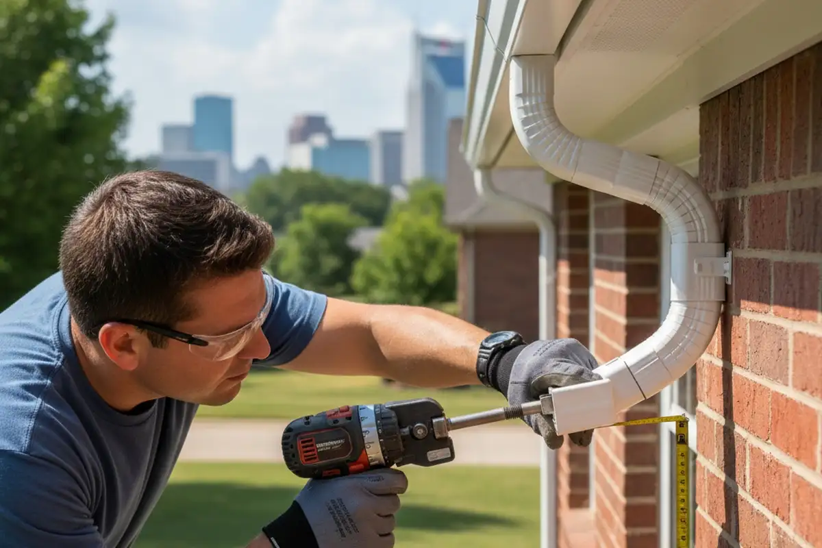 Technician installing seamless gutters with precision at a Nashville TN home exterior repair site