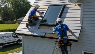 Technician repairing skylight on vinyl-sided home in Nashville TN by Next Level Exteriors