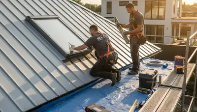Technician repairing skylight on vinyl-sided home in Nashville TN for Next Level Exteriors