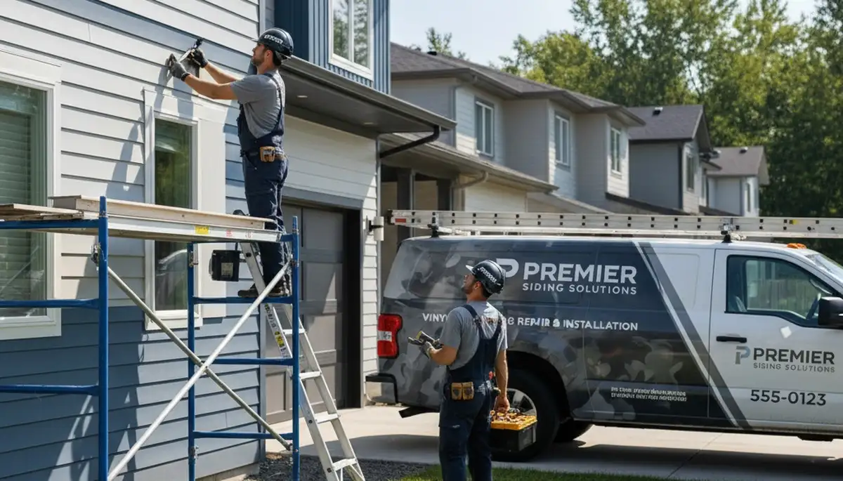 Technician repairing damaged vinyl siding on home exterior in Nashville, TN